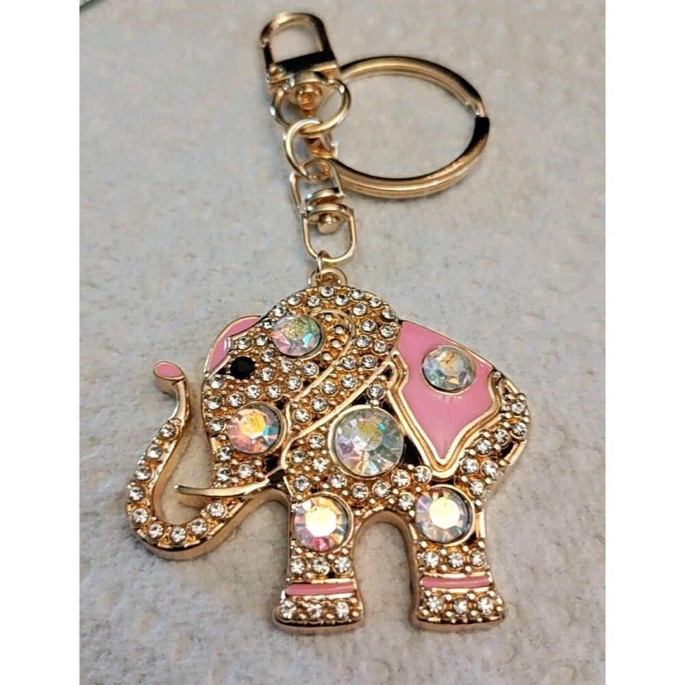 Pink & Gold Rhinestone Elephant Keychain โ Trunk Up โ Good Luck Bag Charm